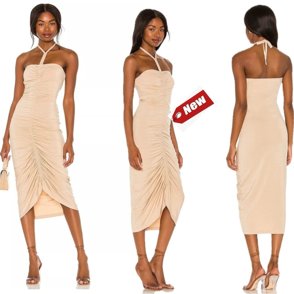 Ronny Kobo Halter Midi Alma Dress Darlene Beige Ruched Stretch Jersey Sz M